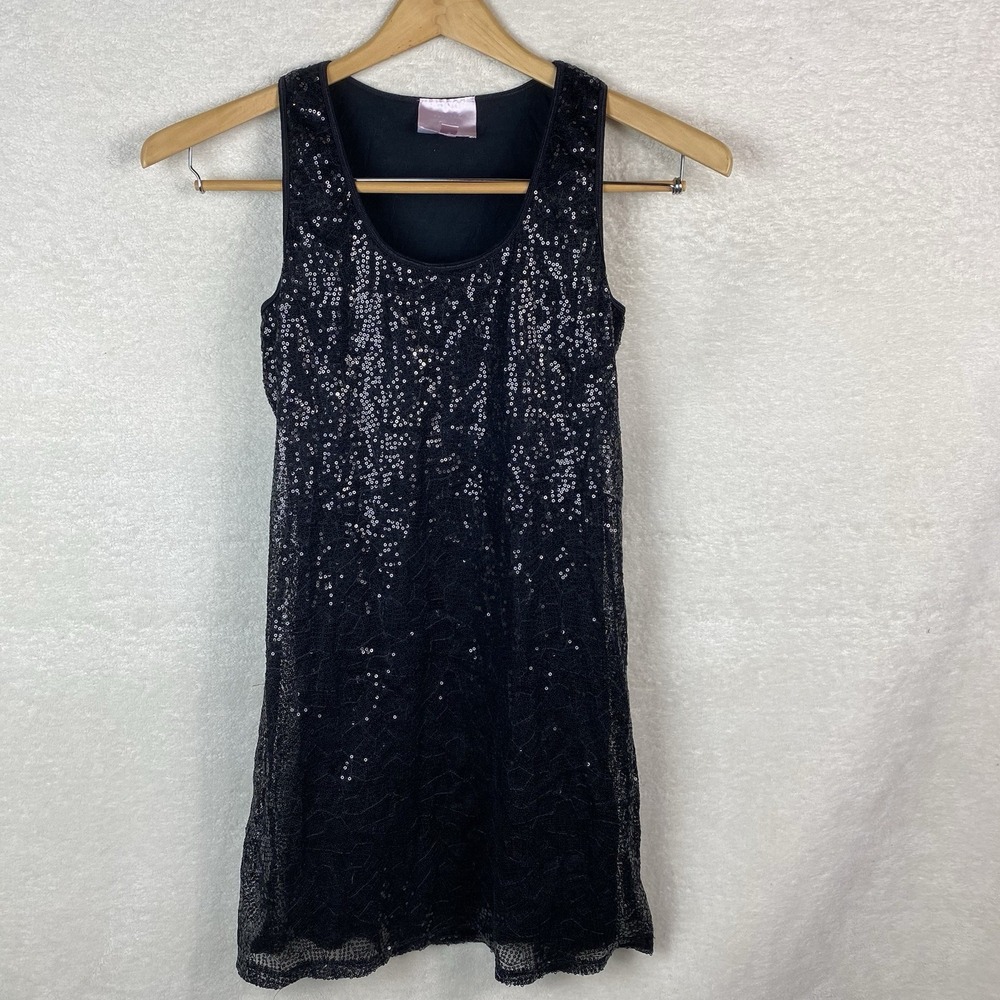 Romeo & Juliet Couture Dress Sequin Tank Size Lg Black Racerback Bodycon LBD Y2K